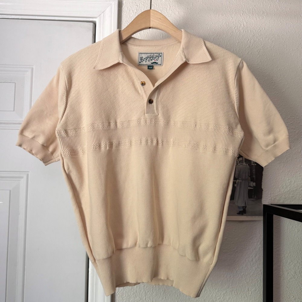 BOGEY BOYS cream boxy cropped short sleeve golf stretchy polo shirt